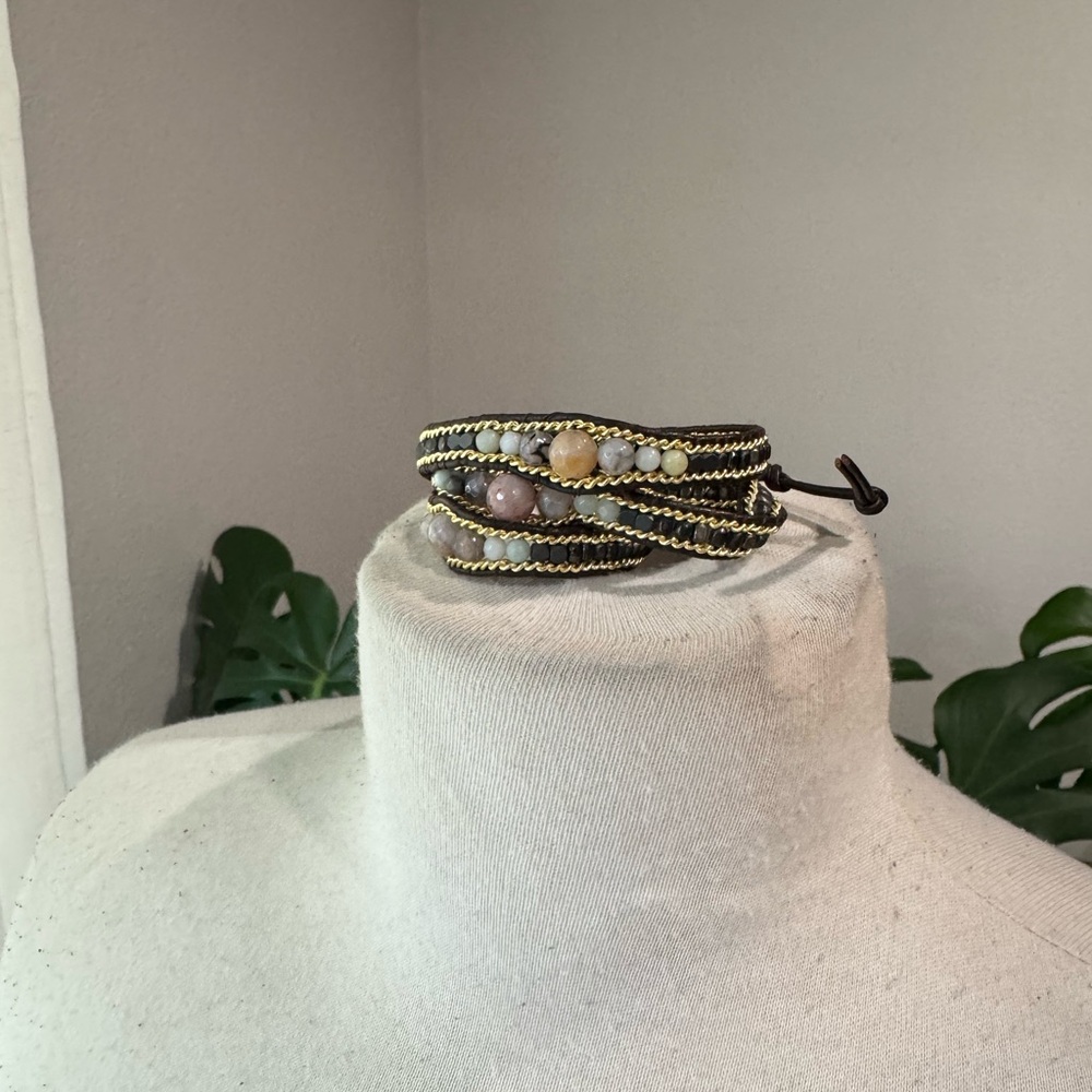 Nakamol Chicago‎ Triple-Wrap Leather Bracelet – Gemstones & Gold Braid